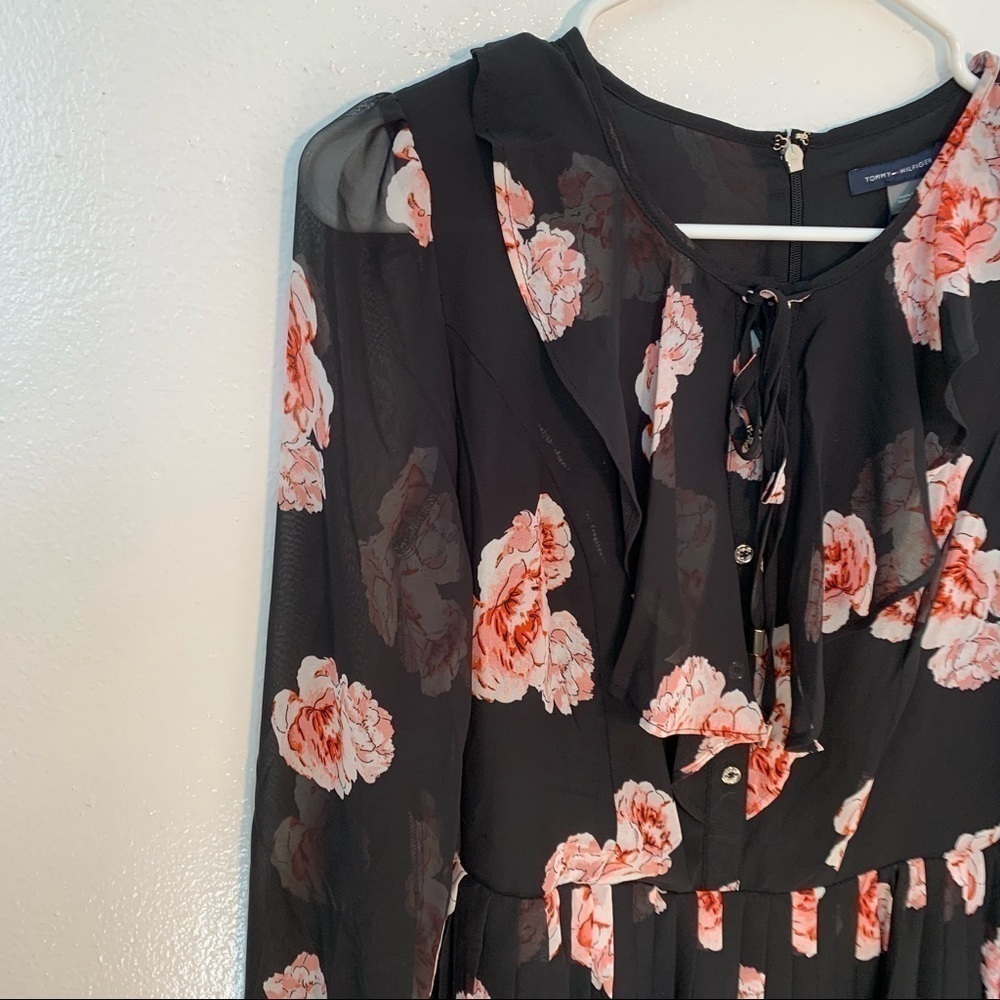 Tommy Hilfiger Women's Size 2 Floral Chiffon Dress Black Pink Floral Long Sleeve - Picture 9 of 13